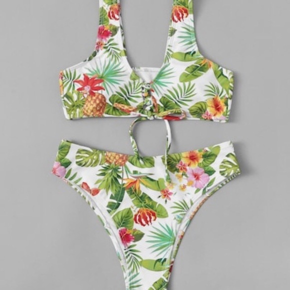 Tropical Bikini Swimsuit White Green S M 4 6 8 10 - Picture 4 of 8